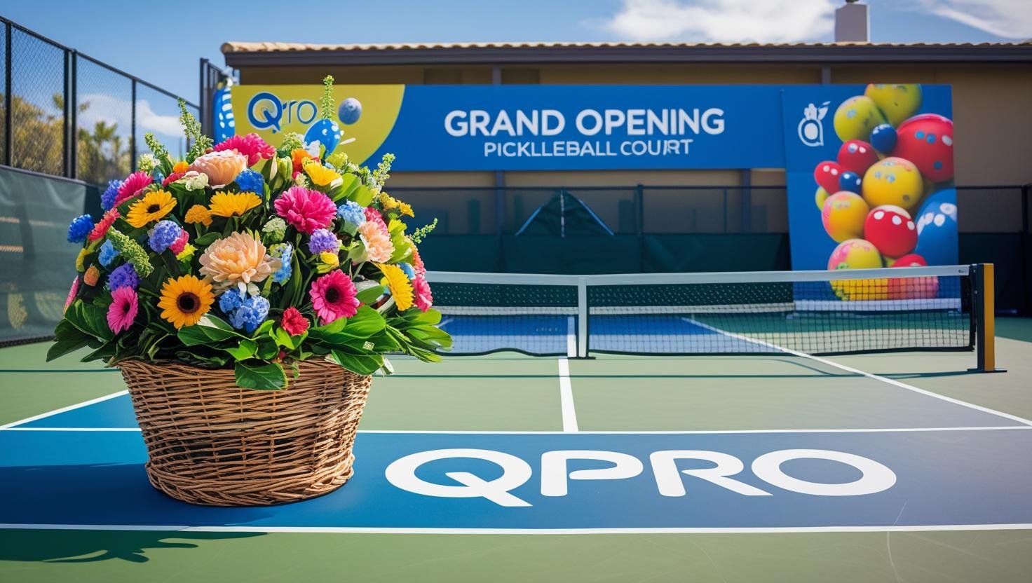 banner ảnh khai trương mở sân pickellball, có giỏ hoa chúc mừng và thương hiệu Qpro