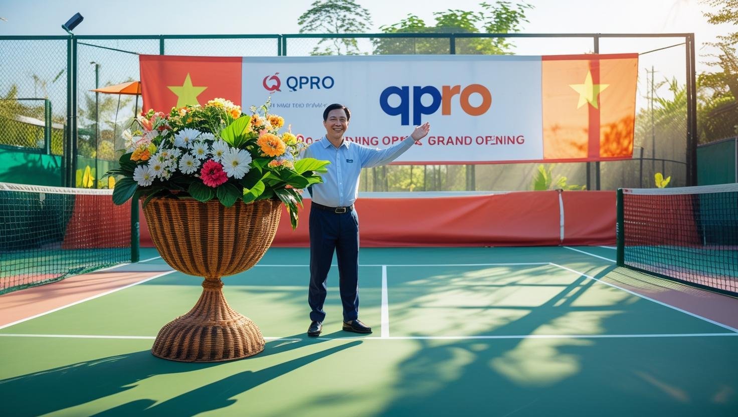 banner ảnh khai trương mở sân pickellball, có giỏ hoa và đại diện công ty người việt nam tới chúc mừng và thương hiệu Qpro (1)